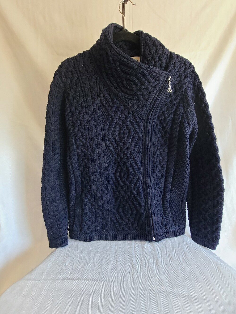 Aran Crafts Navy Cable-Knit Asymmetric Zip Turtleneck Sweater